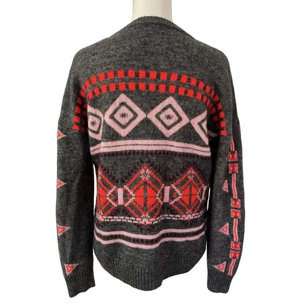 J Crew Womens Fair Isle Wool‎ Mohair Blend Sweater Size L Gray Nordic Preppy